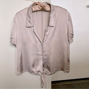 Wilfed silver/taupe satin collared blouse tie-front